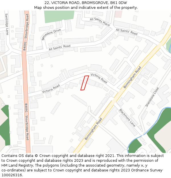 22, VICTORIA ROAD, BROMSGROVE, B61 0DW: Location map and indicative extent of plot