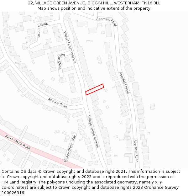 22, VILLAGE GREEN AVENUE, BIGGIN HILL, WESTERHAM, TN16 3LL: Location map and indicative extent of plot
