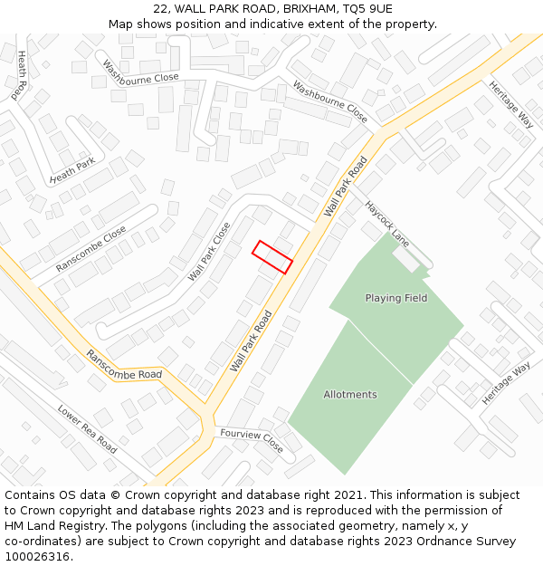 22, WALL PARK ROAD, BRIXHAM, TQ5 9UE: Location map and indicative extent of plot