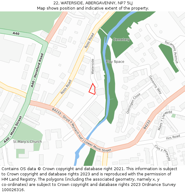22, WATERSIDE, ABERGAVENNY, NP7 5LJ: Location map and indicative extent of plot