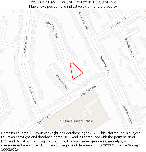 22, WAVENHAM CLOSE, SUTTON COLDFIELD, B74 4NZ: Location map and indicative extent of plot