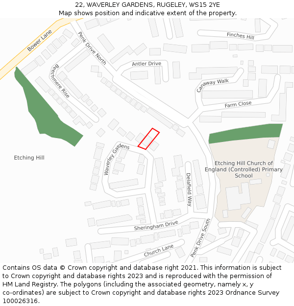 22, WAVERLEY GARDENS, RUGELEY, WS15 2YE: Location map and indicative extent of plot