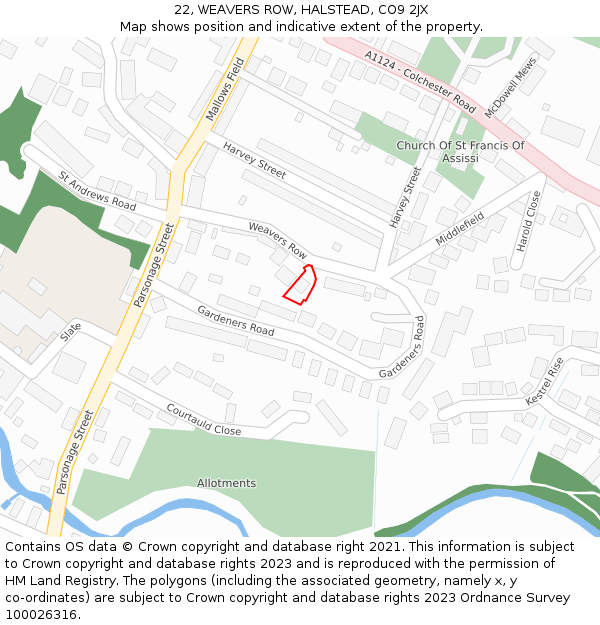 22, WEAVERS ROW, HALSTEAD, CO9 2JX: Location map and indicative extent of plot