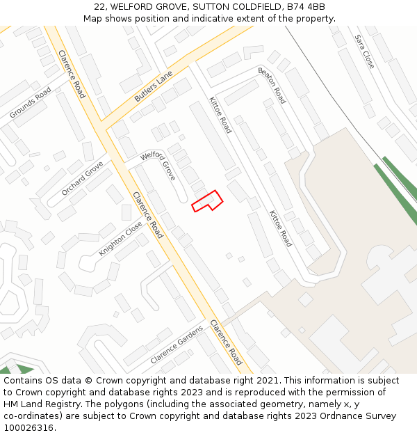 22, WELFORD GROVE, SUTTON COLDFIELD, B74 4BB: Location map and indicative extent of plot