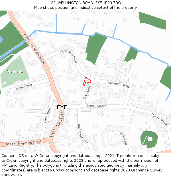 22, WELLINGTON ROAD, EYE, IP23 7BG: Location map and indicative extent of plot