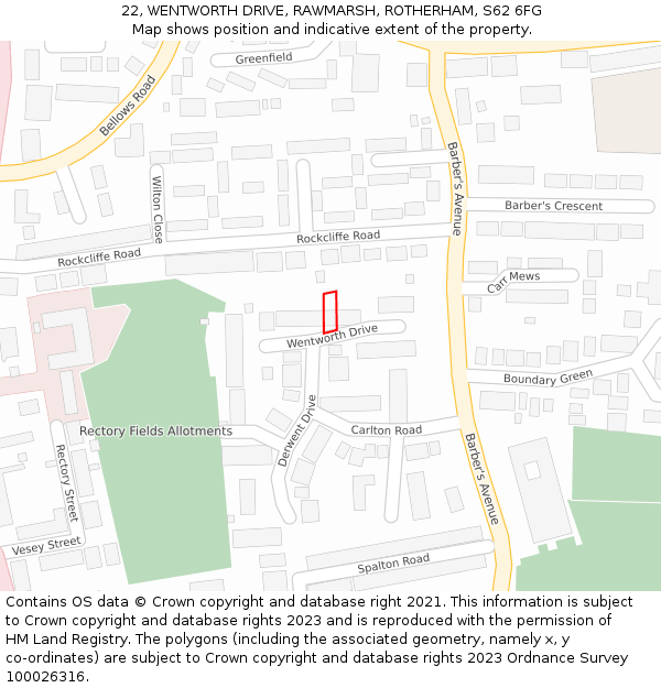 22, WENTWORTH DRIVE, RAWMARSH, ROTHERHAM, S62 6FG: Location map and indicative extent of plot