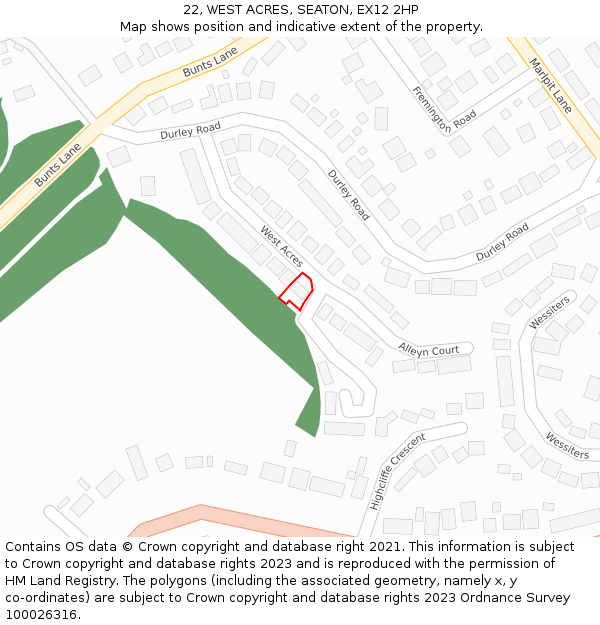 22, WEST ACRES, SEATON, EX12 2HP: Location map and indicative extent of plot