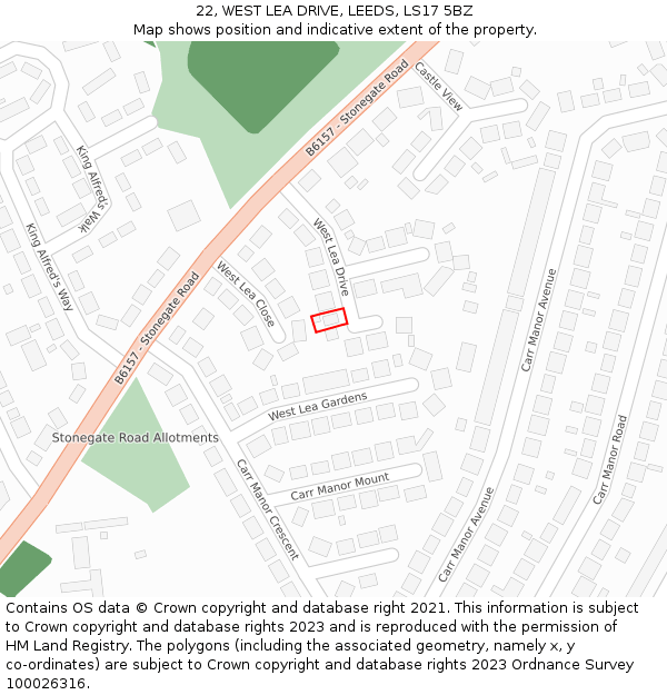 22, WEST LEA DRIVE, LEEDS, LS17 5BZ: Location map and indicative extent of plot