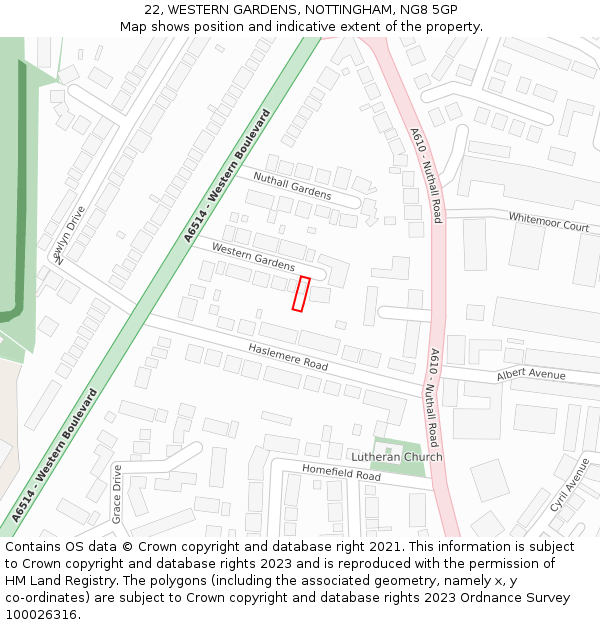 22, WESTERN GARDENS, NOTTINGHAM, NG8 5GP: Location map and indicative extent of plot