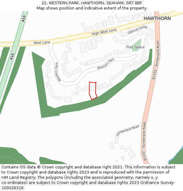 22, WESTERN PARK, HAWTHORN, SEAHAM, SR7 8BF: Location map and indicative extent of plot