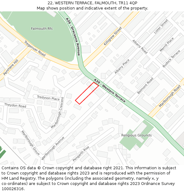22, WESTERN TERRACE, FALMOUTH, TR11 4QP: Location map and indicative extent of plot