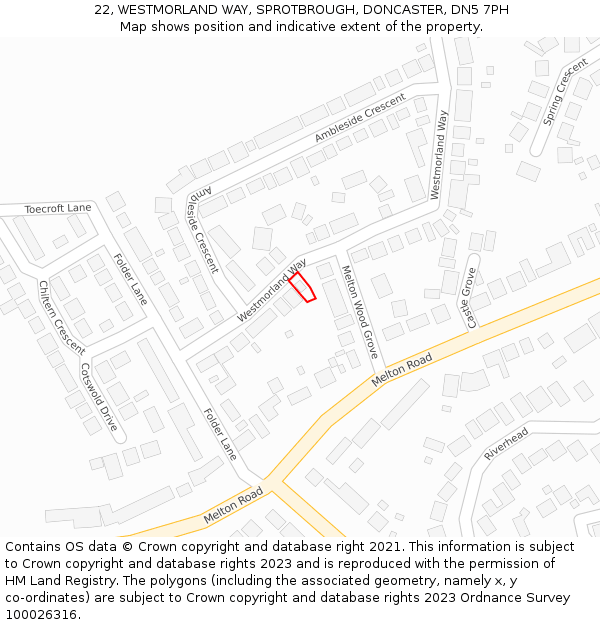 22, WESTMORLAND WAY, SPROTBROUGH, DONCASTER, DN5 7PH: Location map and indicative extent of plot
