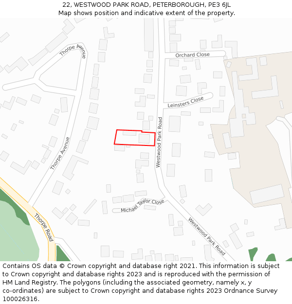 22, WESTWOOD PARK ROAD, PETERBOROUGH, PE3 6JL: Location map and indicative extent of plot