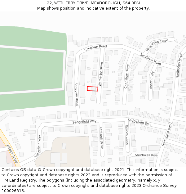 22, WETHERBY DRIVE, MEXBOROUGH, S64 0BN: Location map and indicative extent of plot
