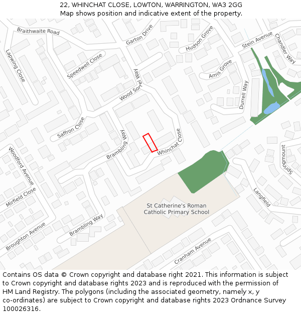 22, WHINCHAT CLOSE, LOWTON, WARRINGTON, WA3 2GG: Location map and indicative extent of plot