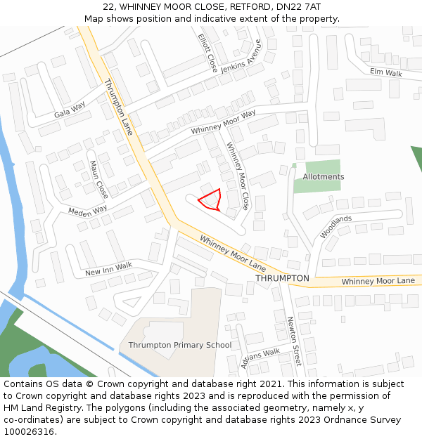 22, WHINNEY MOOR CLOSE, RETFORD, DN22 7AT: Location map and indicative extent of plot