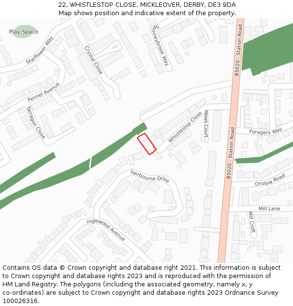 22, WHISTLESTOP CLOSE, MICKLEOVER, DERBY, DE3 9DA: Location map and indicative extent of plot