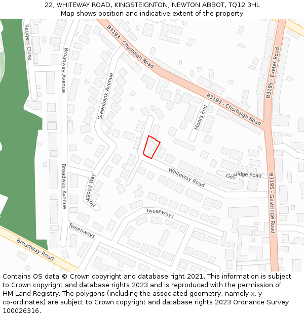 22, WHITEWAY ROAD, KINGSTEIGNTON, NEWTON ABBOT, TQ12 3HL: Location map and indicative extent of plot