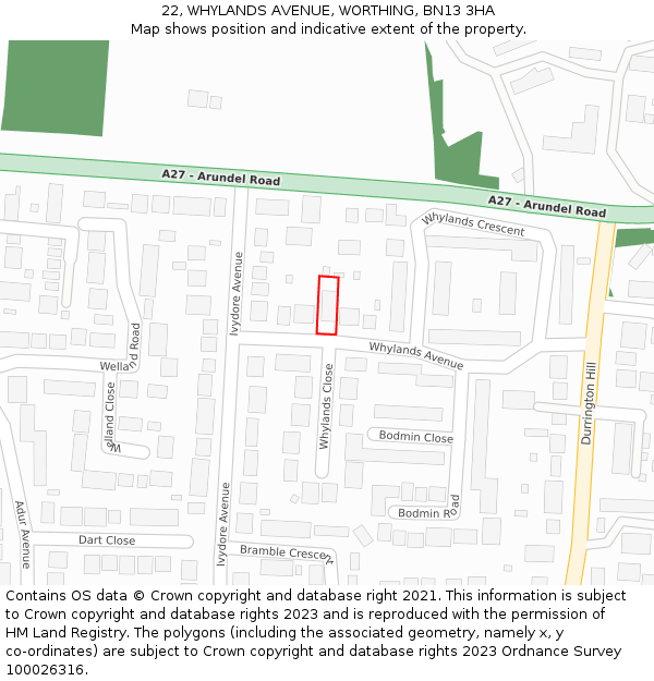22, WHYLANDS AVENUE, WORTHING, BN13 3HA: Location map and indicative extent of plot