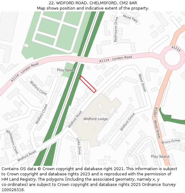 22, WIDFORD ROAD, CHELMSFORD, CM2 9AR: Location map and indicative extent of plot
