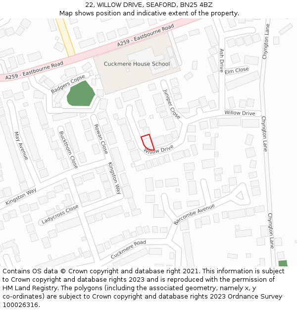 22, WILLOW DRIVE, SEAFORD, BN25 4BZ: Location map and indicative extent of plot