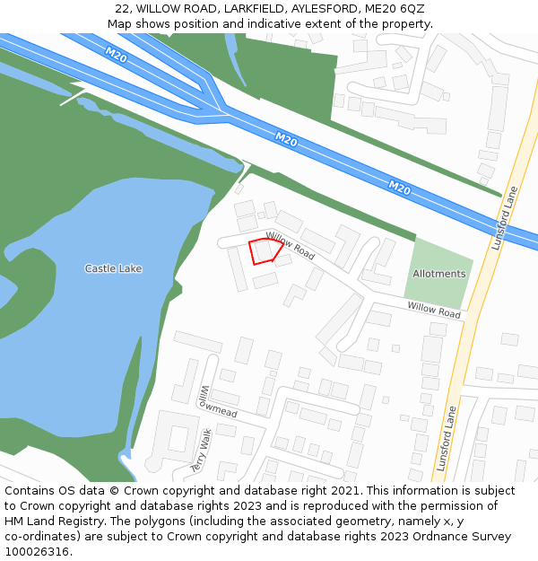 22, WILLOW ROAD, LARKFIELD, AYLESFORD, ME20 6QZ: Location map and indicative extent of plot