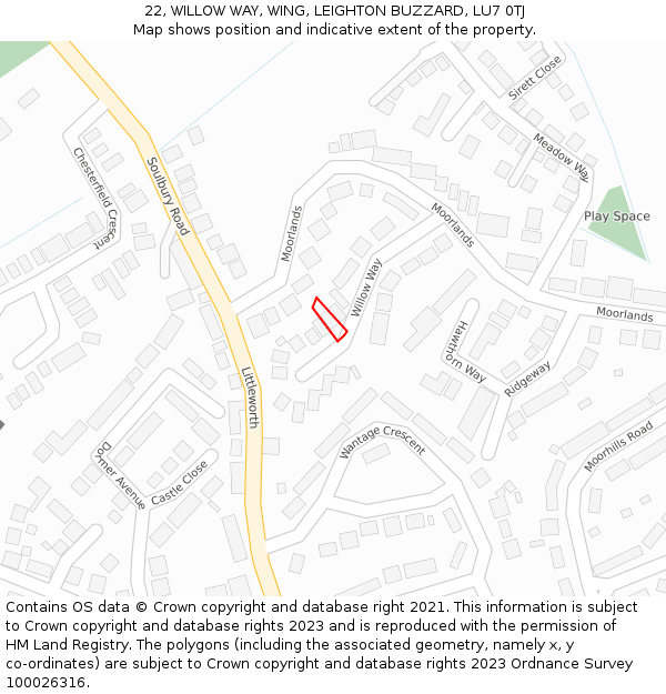 22, WILLOW WAY, WING, LEIGHTON BUZZARD, LU7 0TJ: Location map and indicative extent of plot