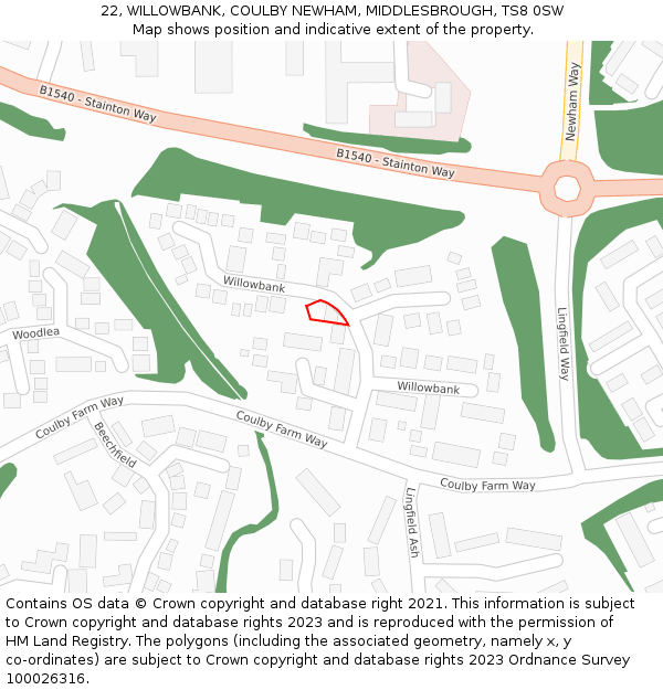 22, WILLOWBANK, COULBY NEWHAM, MIDDLESBROUGH, TS8 0SW: Location map and indicative extent of plot