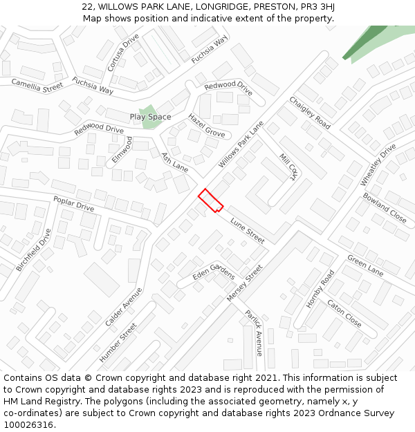 22, WILLOWS PARK LANE, LONGRIDGE, PRESTON, PR3 3HJ: Location map and indicative extent of plot