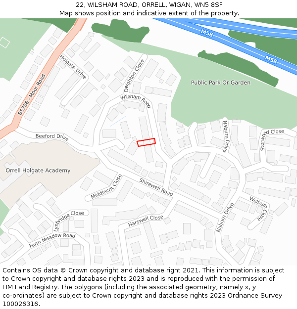 22, WILSHAM ROAD, ORRELL, WIGAN, WN5 8SF: Location map and indicative extent of plot