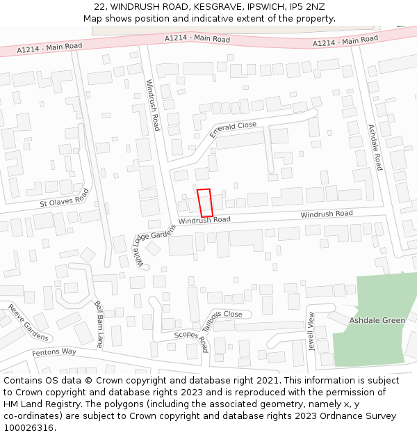22, WINDRUSH ROAD, KESGRAVE, IPSWICH, IP5 2NZ: Location map and indicative extent of plot
