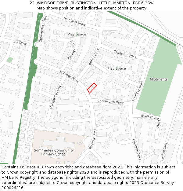 22, WINDSOR DRIVE, RUSTINGTON, LITTLEHAMPTON, BN16 3SW: Location map and indicative extent of plot
