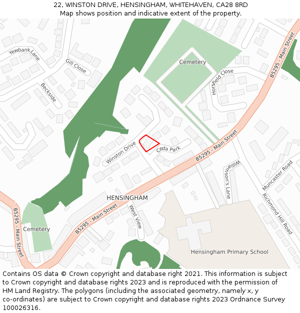 22, WINSTON DRIVE, HENSINGHAM, WHITEHAVEN, CA28 8RD: Location map and indicative extent of plot