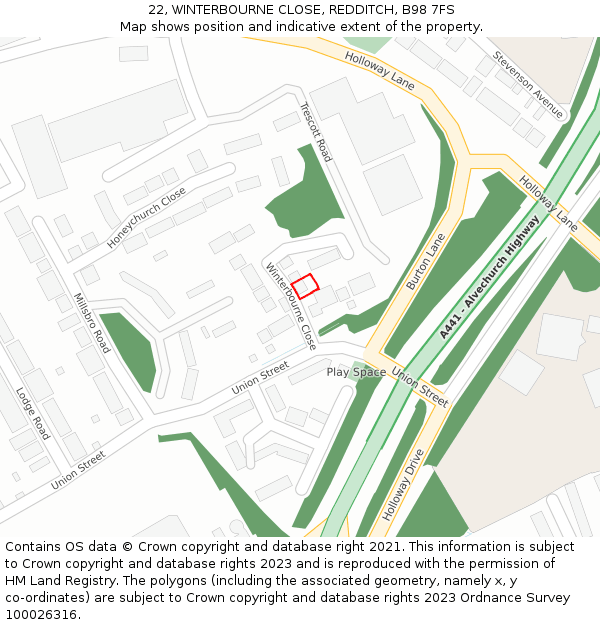 22, WINTERBOURNE CLOSE, REDDITCH, B98 7FS: Location map and indicative extent of plot