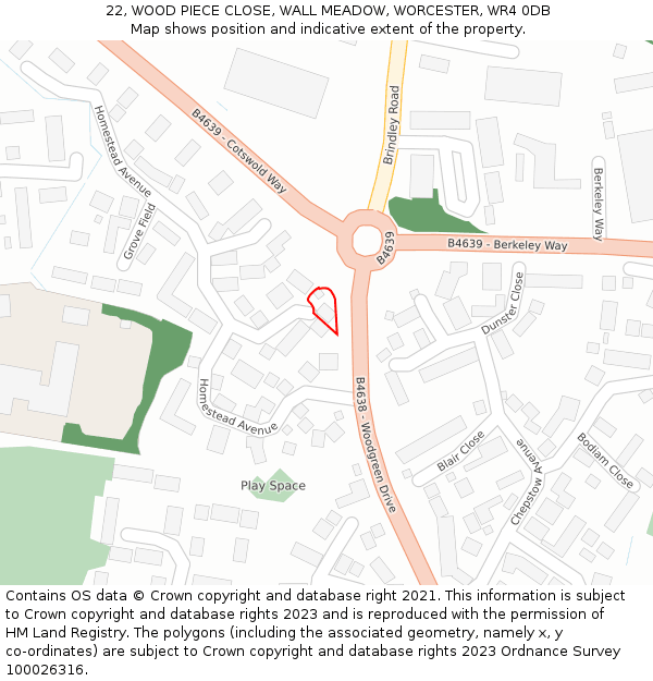 22, WOOD PIECE CLOSE, WALL MEADOW, WORCESTER, WR4 0DB: Location map and indicative extent of plot
