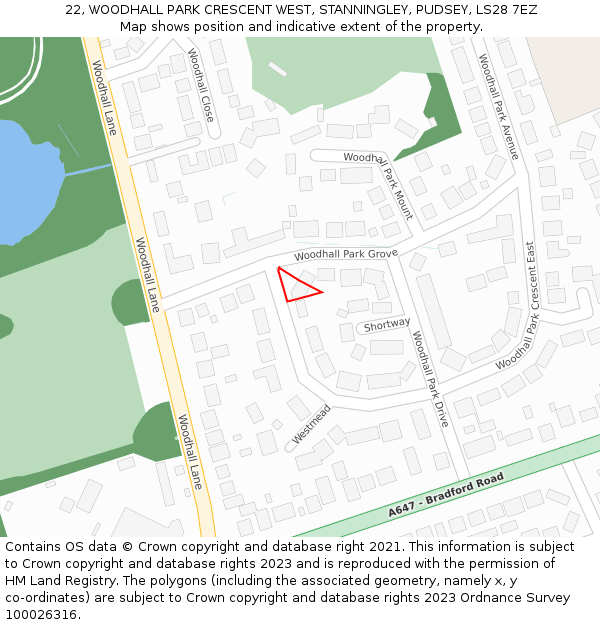 22, WOODHALL PARK CRESCENT WEST, STANNINGLEY, PUDSEY, LS28 7EZ: Location map and indicative extent of plot