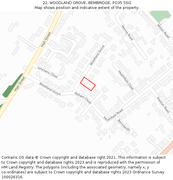 22, WOODLAND GROVE, BEMBRIDGE, PO35 5SG: Location map and indicative extent of plot