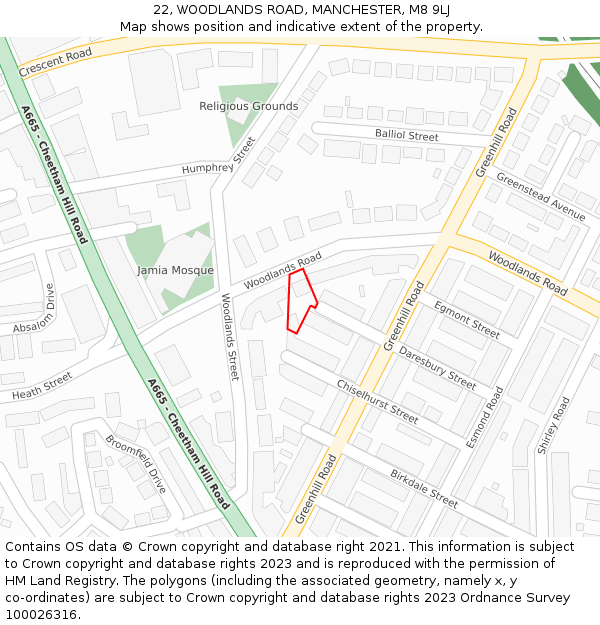 22, WOODLANDS ROAD, MANCHESTER, M8 9LJ: Location map and indicative extent of plot