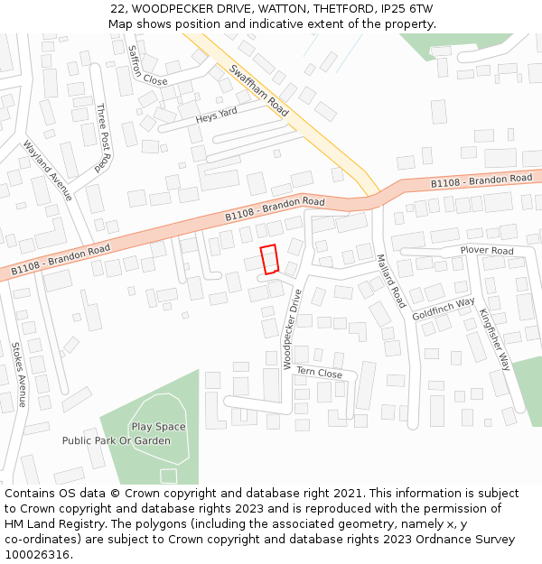 22, WOODPECKER DRIVE, WATTON, THETFORD, IP25 6TW: Location map and indicative extent of plot