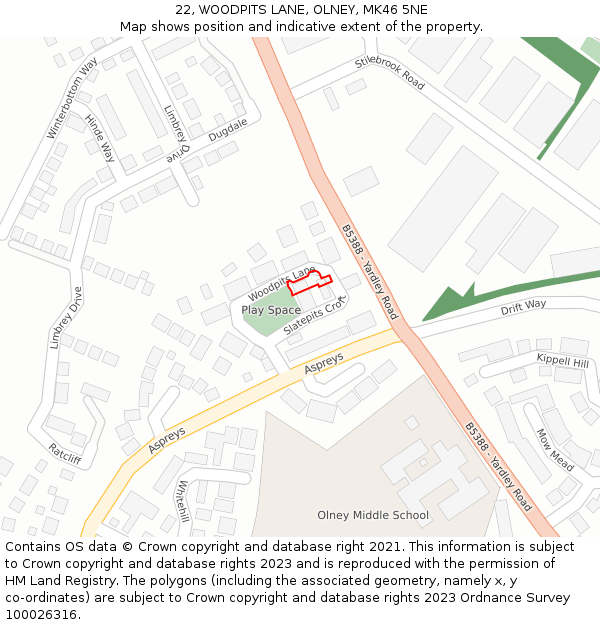 22, WOODPITS LANE, OLNEY, MK46 5NE: Location map and indicative extent of plot