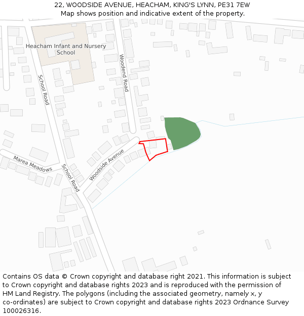 22, WOODSIDE AVENUE, HEACHAM, KING'S LYNN, PE31 7EW: Location map and indicative extent of plot