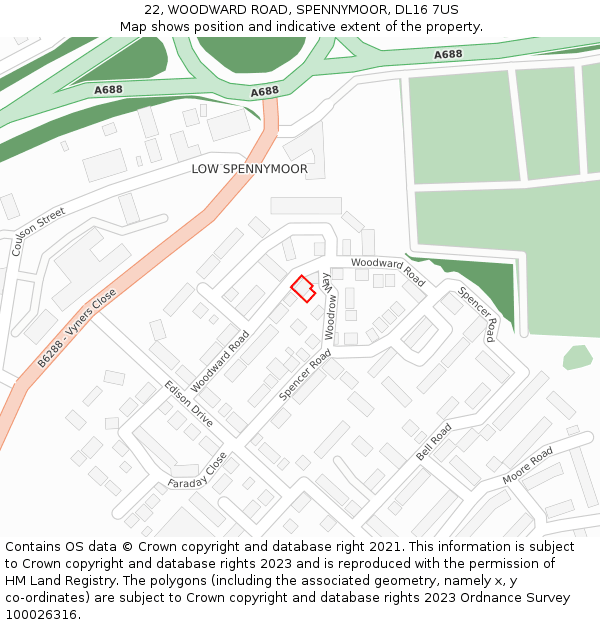 22, WOODWARD ROAD, SPENNYMOOR, DL16 7US: Location map and indicative extent of plot