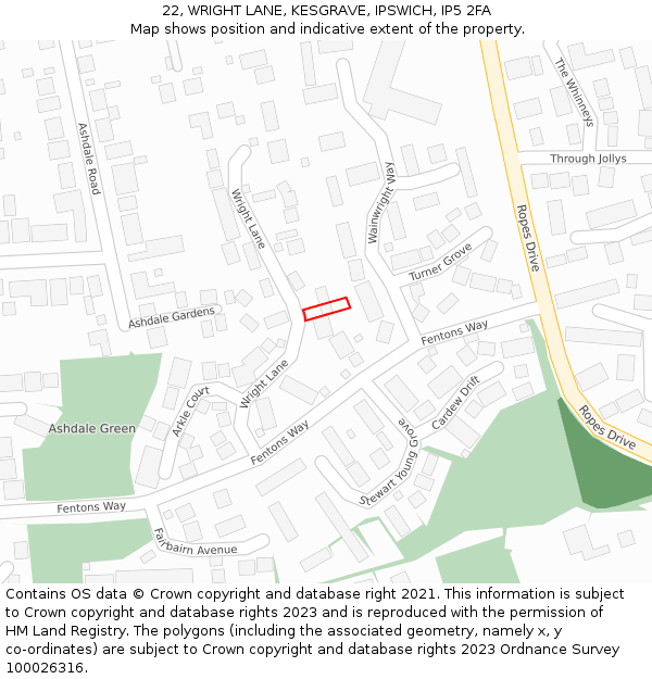 22, WRIGHT LANE, KESGRAVE, IPSWICH, IP5 2FA: Location map and indicative extent of plot