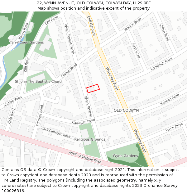 22, WYNN AVENUE, OLD COLWYN, COLWYN BAY, LL29 9RF: Location map and indicative extent of plot