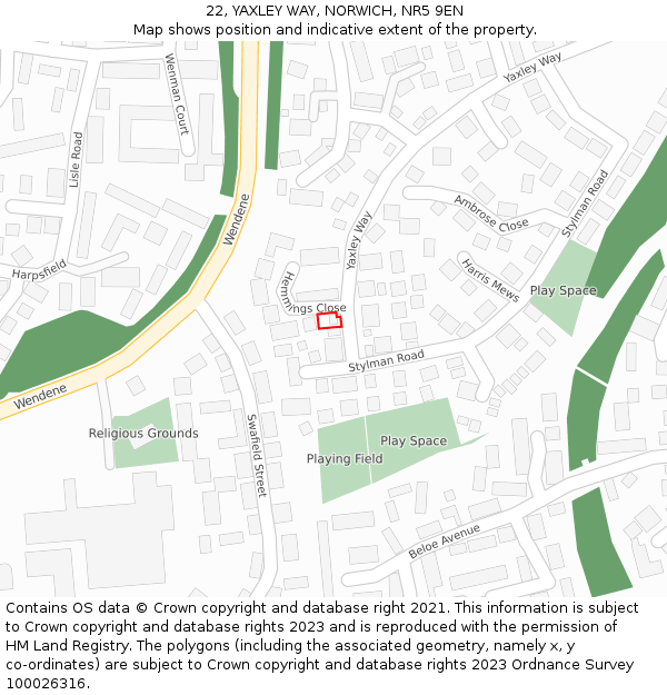 22, YAXLEY WAY, NORWICH, NR5 9EN: Location map and indicative extent of plot
