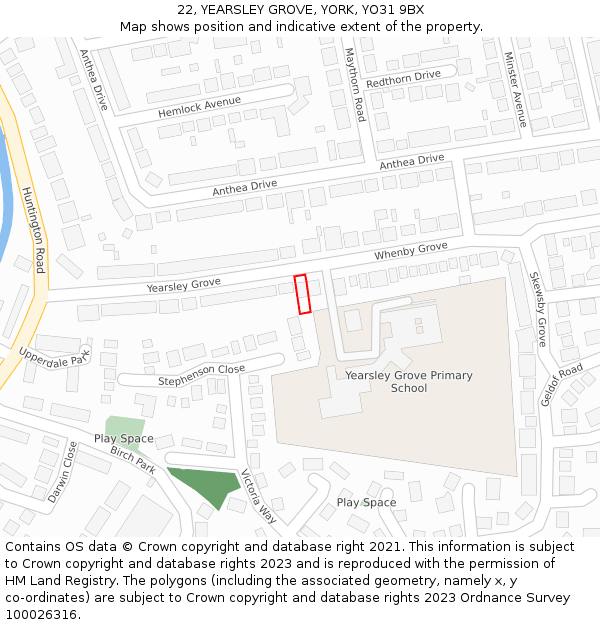 22, YEARSLEY GROVE, YORK, YO31 9BX: Location map and indicative extent of plot