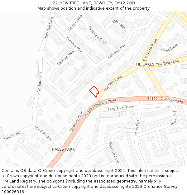 22, YEW TREE LANE, BEWDLEY, DY12 2QD: Location map and indicative extent of plot