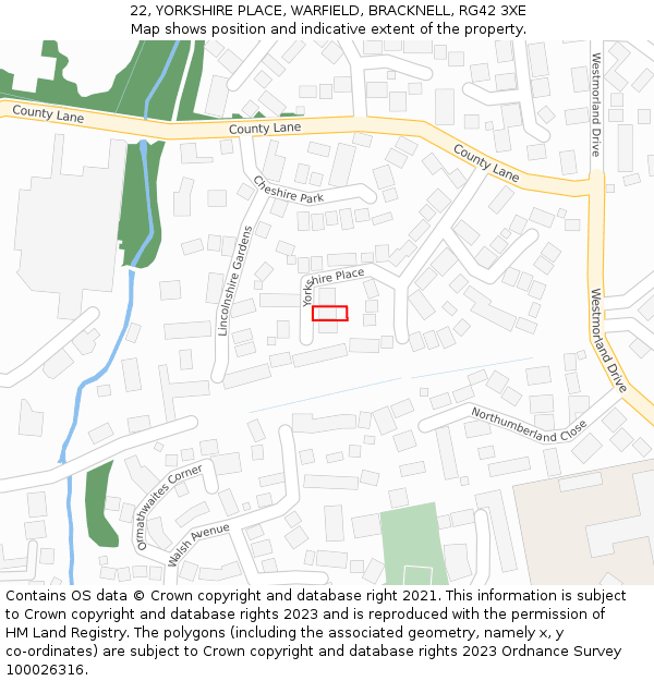 22, YORKSHIRE PLACE, WARFIELD, BRACKNELL, RG42 3XE: Location map and indicative extent of plot