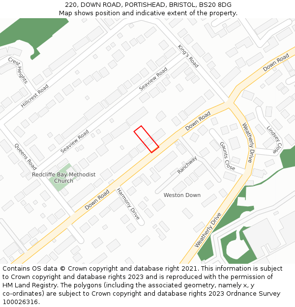 220, DOWN ROAD, PORTISHEAD, BRISTOL, BS20 8DG: Location map and indicative extent of plot