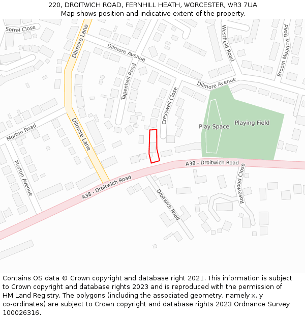 220, DROITWICH ROAD, FERNHILL HEATH, WORCESTER, WR3 7UA: Location map and indicative extent of plot